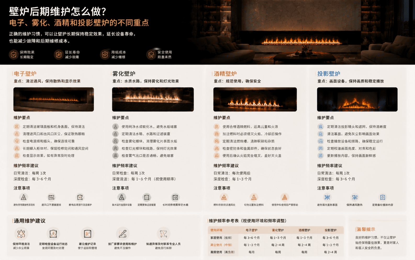 壁炉后期维护怎么做？电子、雾化、酒精和投影壁炉的不同重点