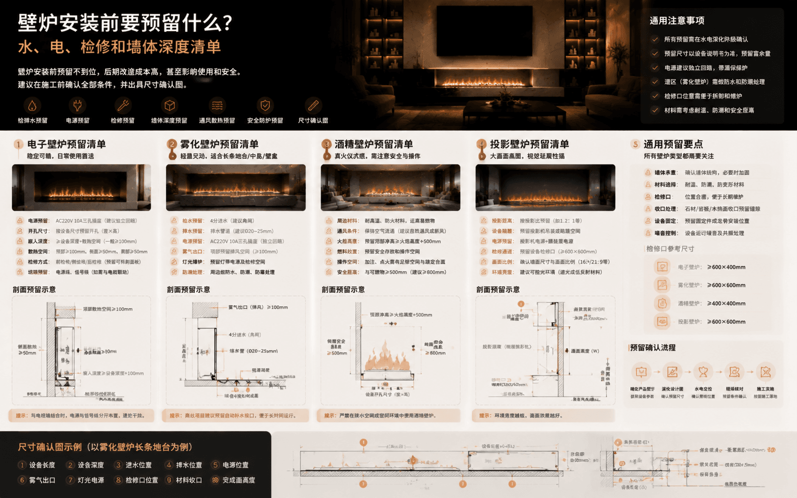 壁炉安装前要预留什么？水、电、检修和墙体深度清单