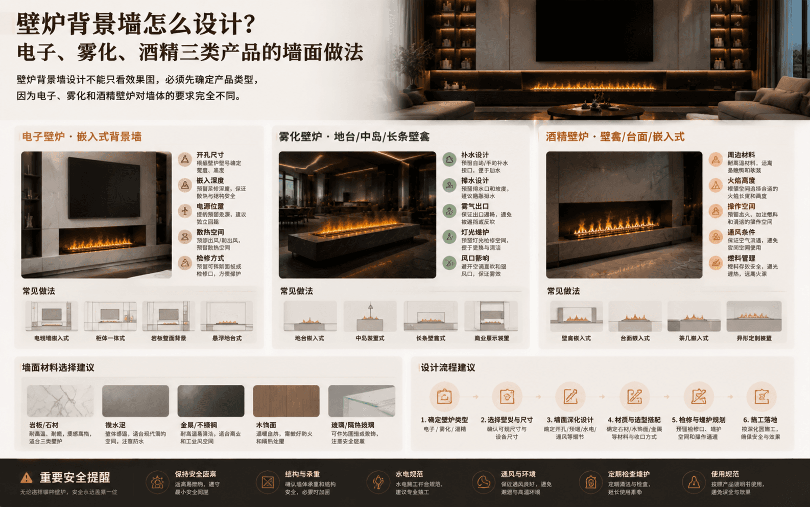 壁炉背景墙怎么设计？电子、雾化、酒精三类产品的墙面做法