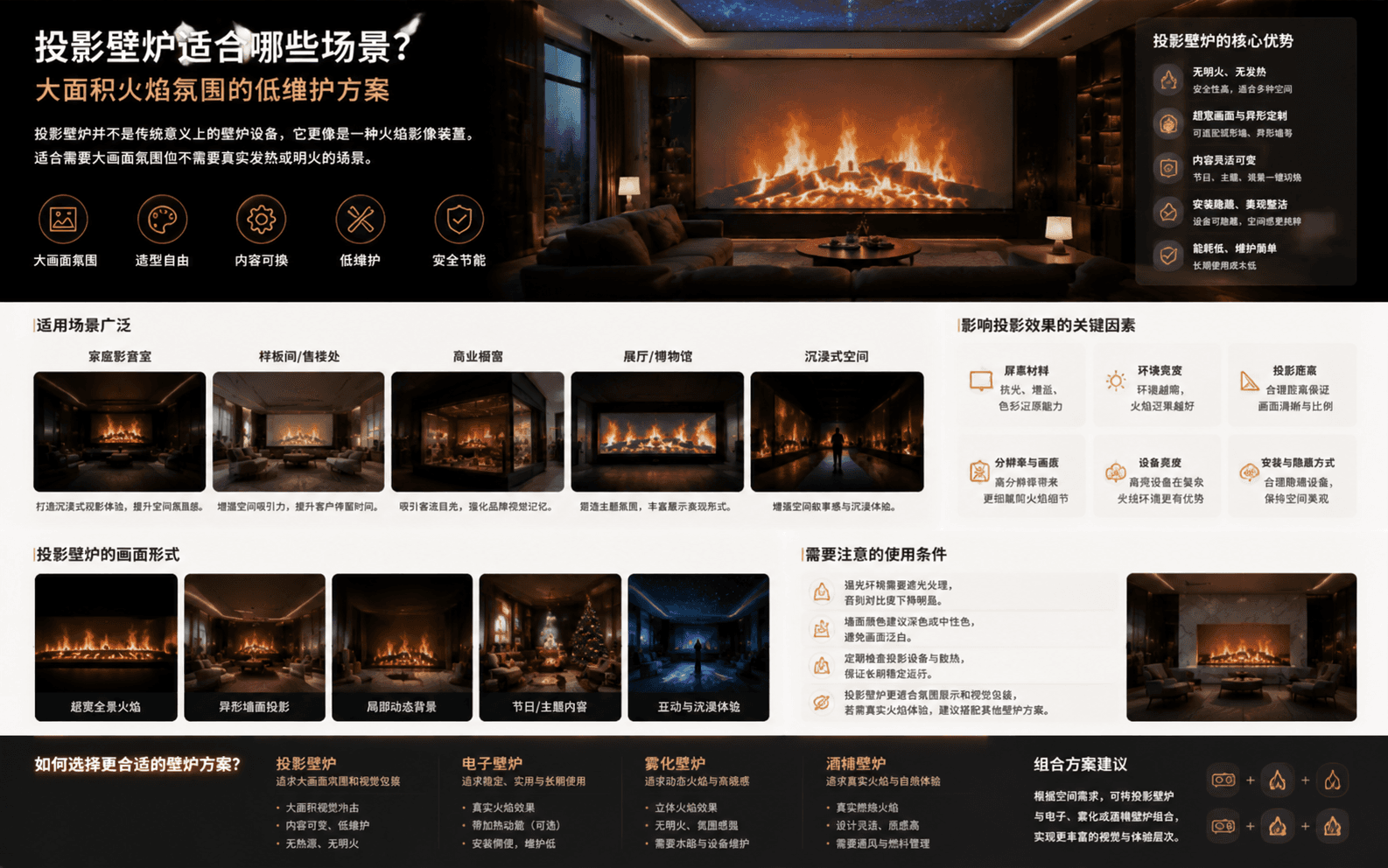 投影壁炉适合哪些场景？大面积火焰氛围的低维护方案