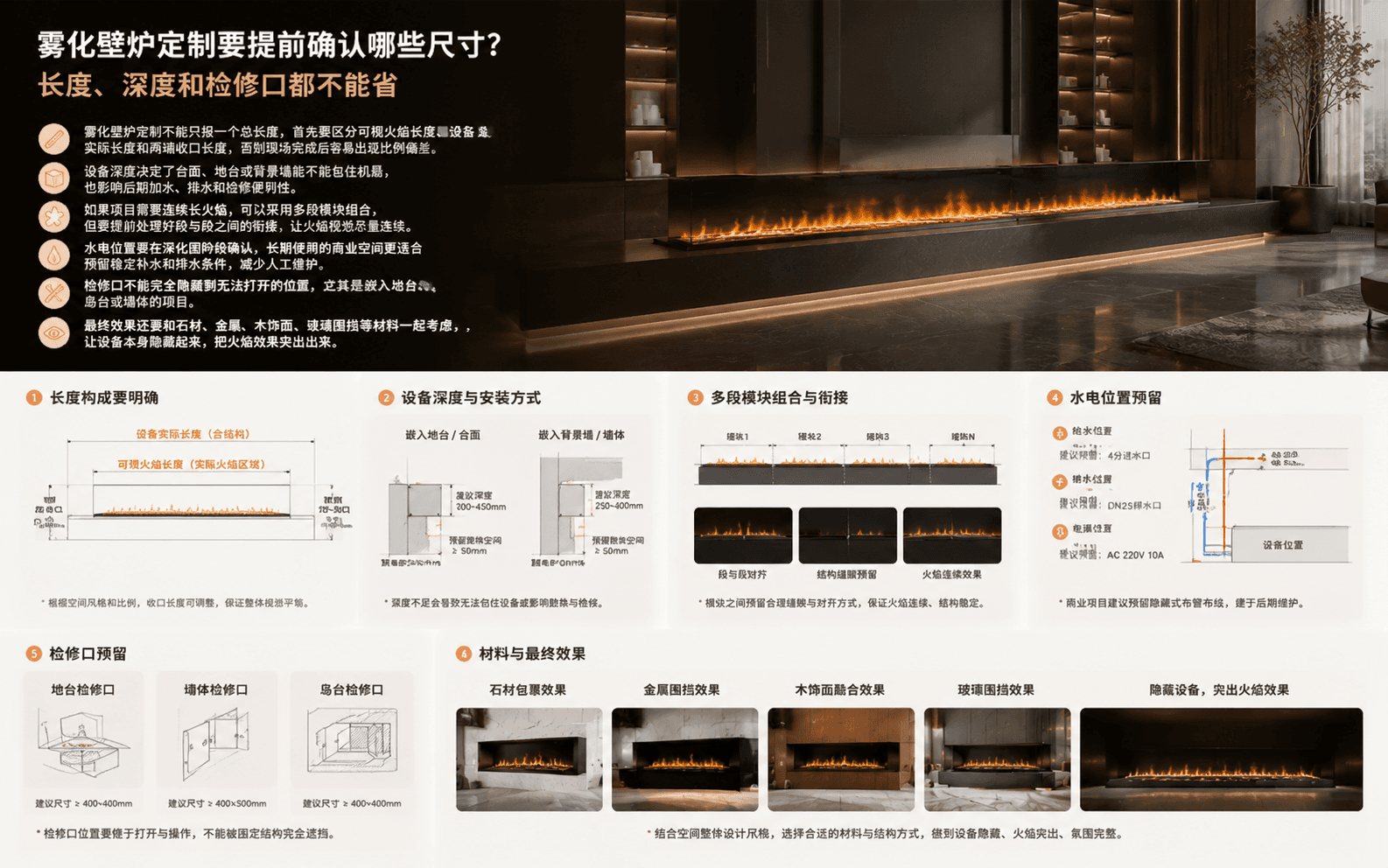 雾化壁炉定制要提前确认哪些尺寸?长度、深度和检修口都不能省