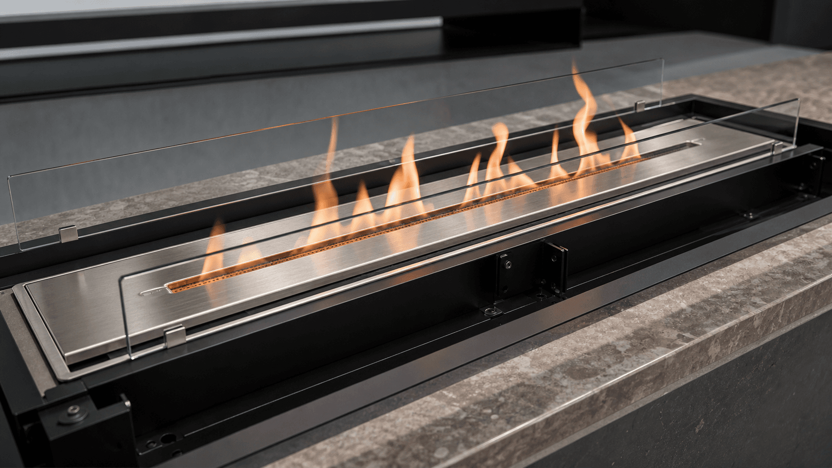Custom bio ethanol fireplace stainless steel burner and glass guard structure detail