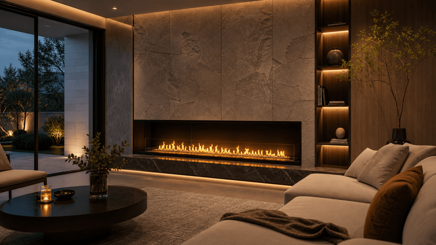 Built-in bio ethanol fireplace in a villa living room for custom fireplace wall design