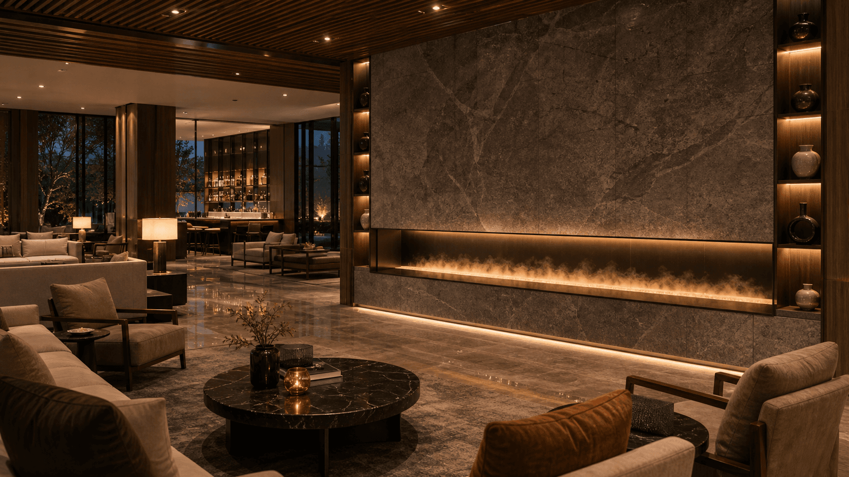 Long 3D mist fireplace for hotel lounge and club commercial project customization
