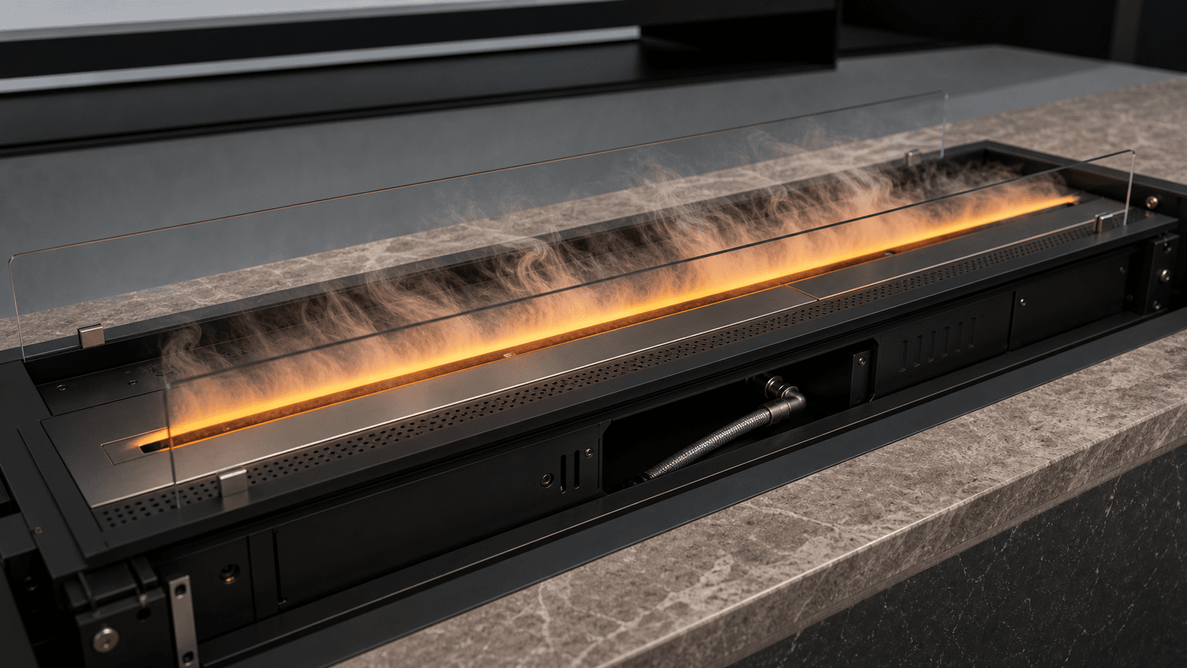 3D mist fireplace module and mist outlet detail with water access, lighting, and custom length