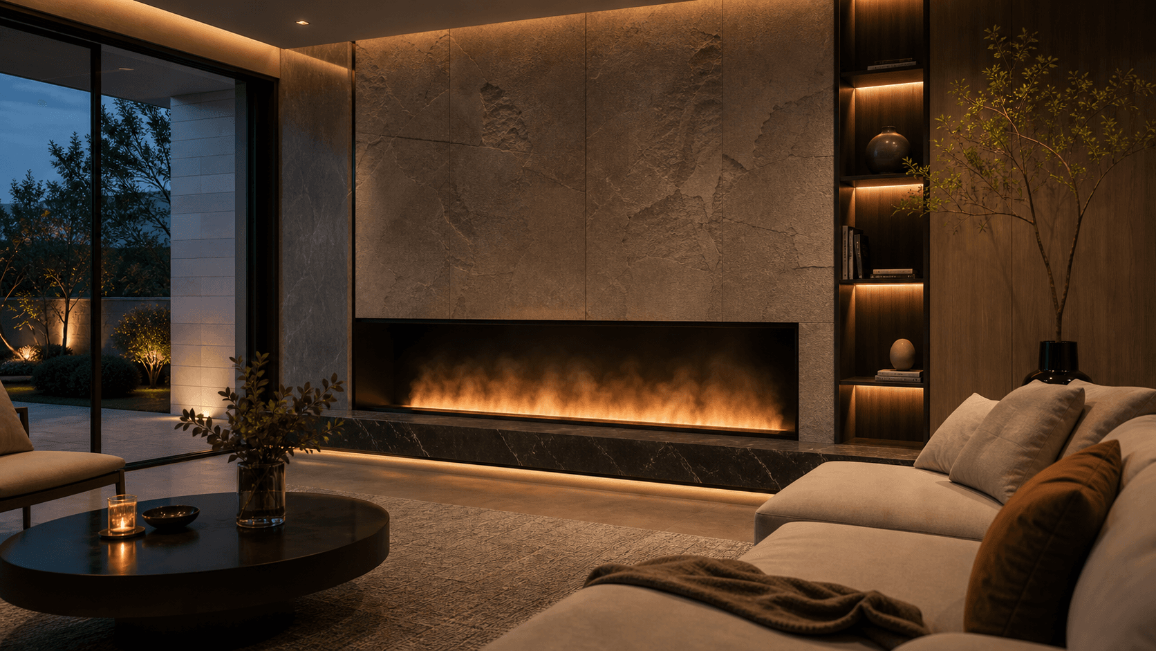 Long 3D water vapor mist fireplace in a villa living room for custom feature wall design