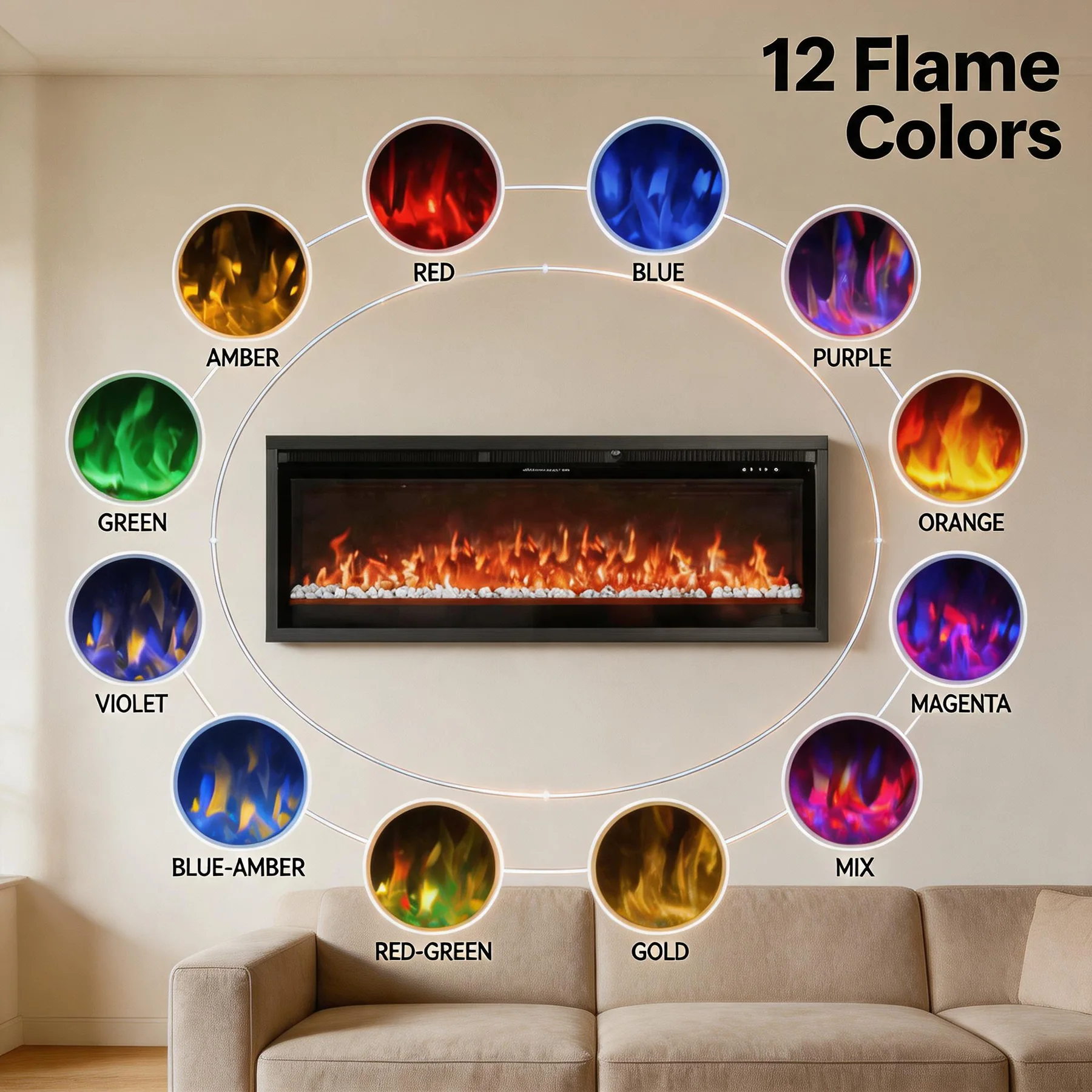 Wall-Mounted Electric Fireplace - E1M - Detail view